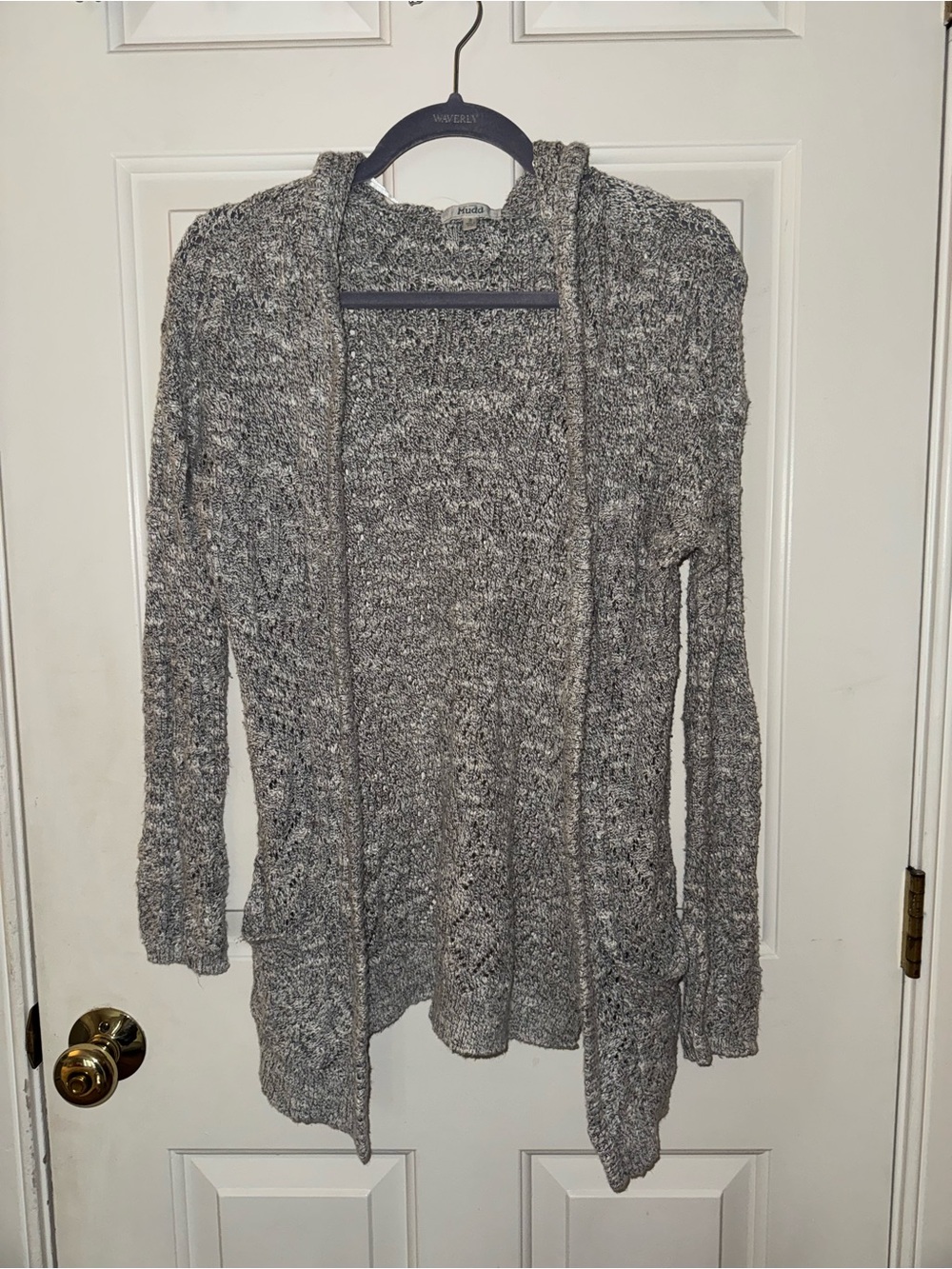 Mudd Gray Hooded Open-Front Knit Cardigan